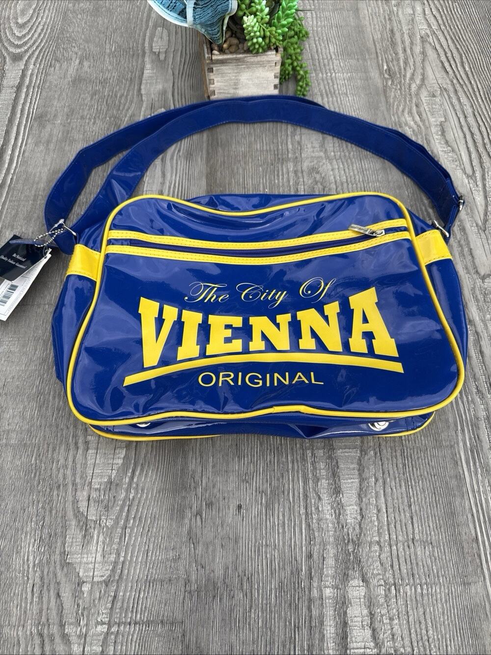 Robin Ruth City of Vienna Blue/Yellow Patent Leather Vinyl Messenger Bag NEW